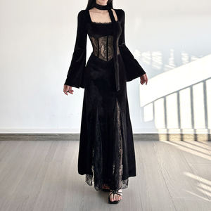 Elegant and sophisticated lace <b>dress</b> with a <b>see</b>-<b>through</b> design featuring a fitted waist flared sleeves and a fish-tail skirt - Product Image 2