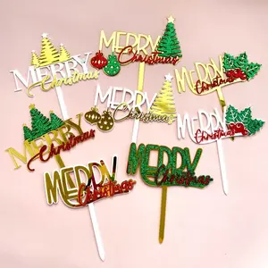 New Arrival Glitter Merry Christmas Golden Tree Party Cake Toppers Cake Decor Dessert Topper Party Supplies for Christmas SQA144