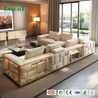 Ensemble de canapés modulaires sectionnels en cuir en forme de L avec éclairage LED, service de conception 3D tout-en-un, pour mobilier de luxe de villa
