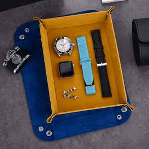 JUELONG Square Vintage Leather Valet Tray Catchall Tray for Watches Keys Coins Glasses