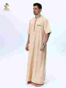 Al Haramain <b>Men's</b> Cotton <b>Thobe</b> Round Neck Short Sleeve Floor Length Modest Prayer Robe Solid Color Breathable Loose Fit - Product Image 2