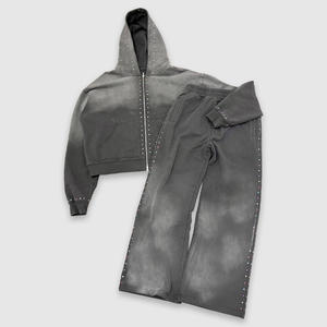 طقم بدلة رياضية مخصص بتصميم فضفاض مع سحاب ومرصع بالأحجار الكريمة للجنسين، بنطلون واسع وهودي للرجال، ملابس الشارع، بدلة رياضية بغسيل حمضي - Product Image 2