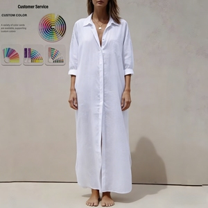 <span class=keywords><strong>Robe</strong></span> chemise ample blanche personnalisée à manches longues avec boutons sur le devant, style maxi, pour la maison ou comme chemise de nuit - Product Image 1