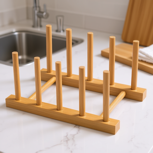 Escurridor de Platos de Bambú de 4 Ranuras, Ahorro de Espacio en la Encimera de la Cocina, Tipo Minimalista Vertical, Rectangular, de Una Sola Capa, Diseño Tallado - Product Image 2