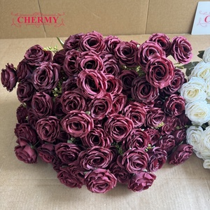 DC206 Chermy Bouquet di 9 Rose Artificiali Bianche e Bordeaux, Rose Finte per Bouquet da Sposa, Decorazione Floreale per Casa - Product Image 2