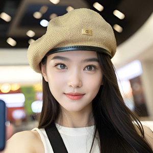 Japanese Style Pu Brim Beret For Women Vintage Round Shade Hat Beige Khaki Black Comfortable Summer <b>Painter</b> Hat - Product Image 2