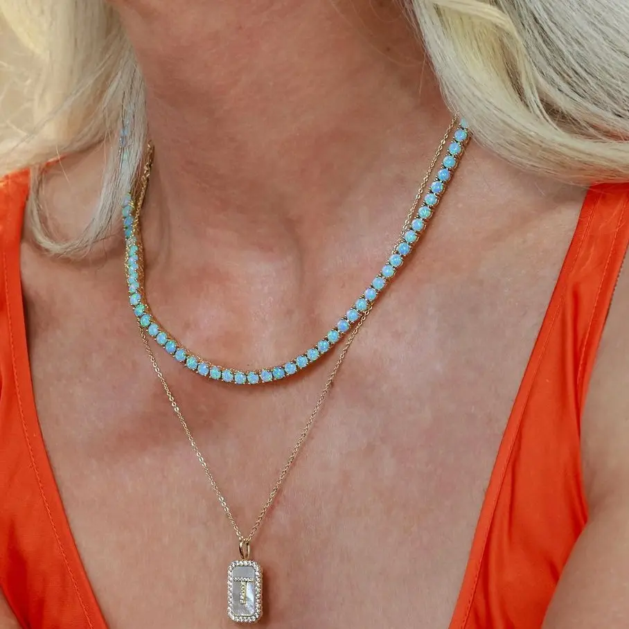 2023 yeni varış Bling altın kaplama bileklik moda bayan mücevher seti 5A CZ beyaz mavi yangın Opal tenis bilekliği kolye