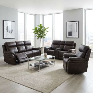 Juego de Muebles de Sala de Estar de Tres Piezas Ajustables Manualmente, Marca Frank Luxury, con Costuras en Contraste, Sofá Reclinable de Cuero Marrón Oscuro - Product Image 1