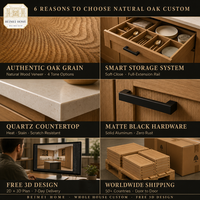 Ensemble complet d'armoires de cuisine sur mesure en chêne naturel, portes Shaker, quincaillerie à fermeture amortie, plan de travail en pierre, échantillons OEM/ODM acceptés