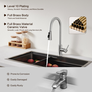 Robinet de cuisine moderne à poignée unique, corps en laiton massif, finition chrome poli, montage sur plan, douchette extractible - Product Image 3