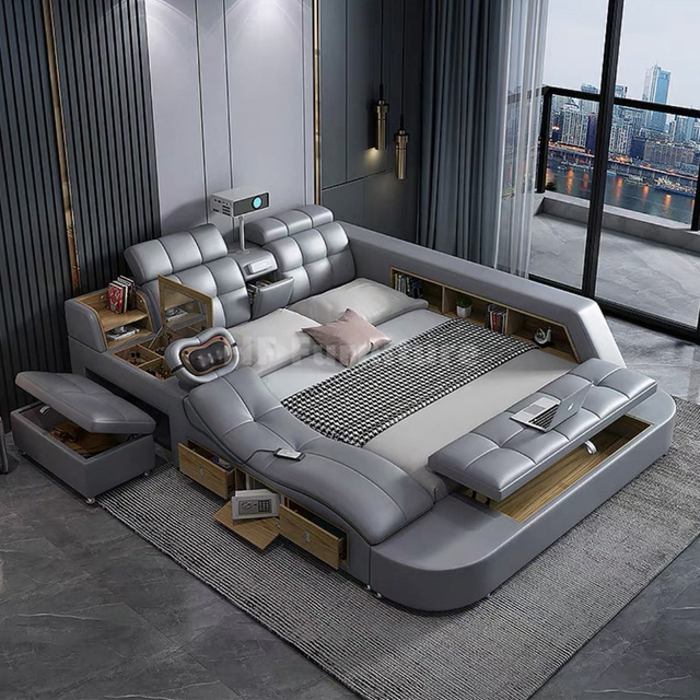 King Size Bed Modern Luxury Italian Leather Furniture Smart Massage Chair Bed With Projector