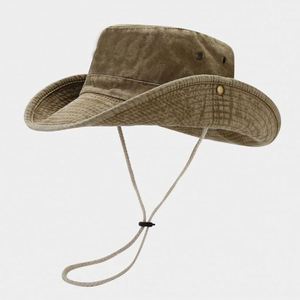 2025 New Arrival Solid Color Wide Brim Fisherman Hat Retro Washed Denim Casual <b>Sunscreen</b> 58cm Cowboy Hat with Windproof String - Product Image 2