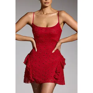 New Style Elegant Mini Dress with Sexy Lace Ruffle Decoration Square Neck Backless Waistline Sequin Detail Casual Fashion