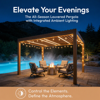 Pergola bioclimatique motorisée moderne de luxe en aluminium avec toit à lames orientables et guirlandes lumineuses pour balcon de piscine et espace extérieur