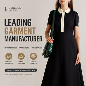 Elegante Abito Midi in Maglia <span class=keywords><strong>Nero</strong></span> a Contrasto con Collo a Polo, Maniche Corte e Cerniera, Stile Old Money Chic per l'Estate - Product Image 3