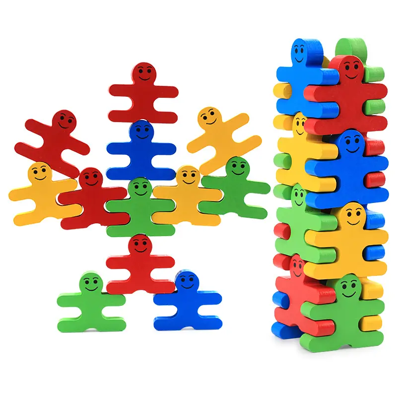 Colorful Cartoon Balance People Building Blocks Puzzle Children's Early Educational Toys Diy Wooden for Baby Kids 16 Per Pack