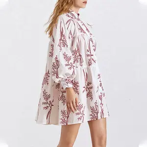 Gaun Mini untuk wanita, gaun Mini longgar berkancing pola bunga bordir Vintage lengan lentera musim semi