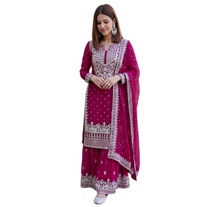 Salwar Kameez traditionnel en coton pour femmes, longueur au sol, brodé, rose, tenue ethnique pour les occasions de mariage, style Inde Pakistan - Product Image 1