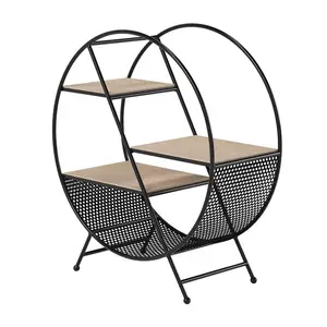 OEM 3-Tier Industrial Bookcase with round Shelves Black Wood and Metal Bookshelf for Storage in Living Room or Kitchen