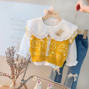 Girls' Spring and Autumn Clothing Baby Girls' Small Animal Sweater Jacket Pure Cotton Shirt New 3-Piece Set