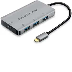 CableCreation USB Tipe C ke 3 USB 3.0 adaptor aluminium dengan PD pengisian 4 in 1 hub usb