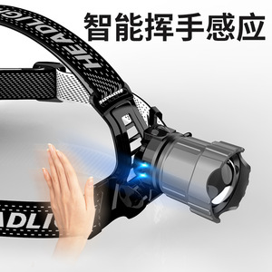 Lampe frontale à capteur longue portée haute intensité, recharge rapide Type C, zoom télescopique, projecteur LED tactique extérieur pour randonnée et camping - Product Image 5