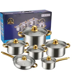 Ustensiles de cuisine 12 pièces Batterie de cuisine Ensemble de casseroles et poêles à soupe antiadhésives avec couvercle en verre transparent