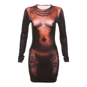 New Arrivals Long Sleeve 3D Printed Casual Dress Bodycon Mini Dress Trendy O Neck Slim Dress