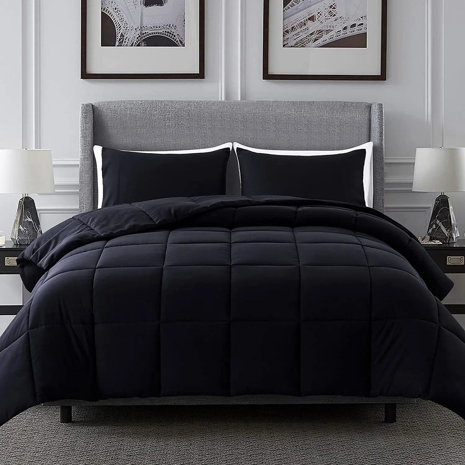 ชุดเครื่องนอนผ้าไมโครไฟเบอร์สำหรับโรงแรมผ้าห่มผ้าฝ้ายสีดำขนาดควีนไซส์ออกแบบได้ตามต้องการ