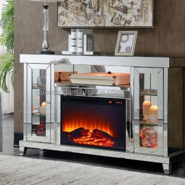 New Arrival Modern Mirrored Fireplace TV Stand Cabinet with Storage with LED Light for Living Room