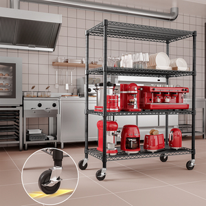 MZG Factory Price Customized Modular Adjustable Matte Black 4-Tier Heavy Duty Metal Wire <b>Storage</b> Rack Shelves <b>Unit</b> with Wheels - Product Image 2