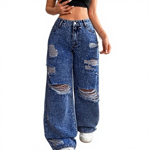 Jeans décontractés pour femmes à jambe large, taille haute, bleu délavé, déchirés et effilochés, style streetwear, en denim, vente en gros ODM/OEM - Product Image 2