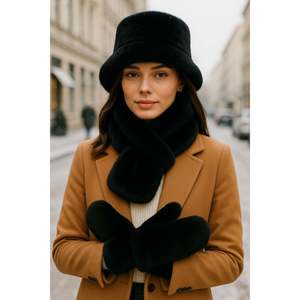 Ensemble 3 pièces en fourrure pour femme (chapeau + écharpe + gants) noir, SET04 - set04-black - Product Image 1