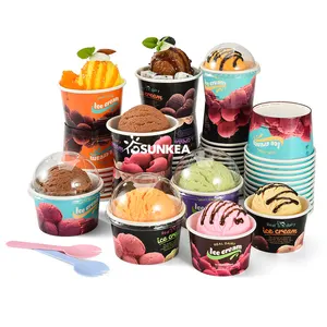 Taza de helado de postre sundae de papel personalizado desechable de 3oz 5oz 8oz con tapa de cúpula transparente