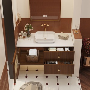 Natural wood natural style curved <b>mirror</b> cabinet ceramic integrated basin cabinet door with rattan design bathroom cabinet - Product Image 5