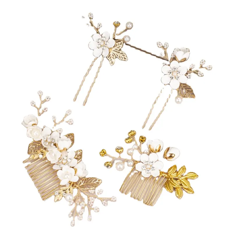 Avrupa ve N altın yaprak plaka saç Headdress el yapımı gelin taç Crown çiçekler takılı tarak saç süsler 4-piece Set