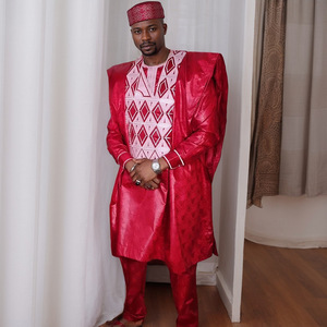 PROMISTAR Moyen-Orient <span class=keywords><strong>Dubaï</strong></span> Turbans arabes en laine jacquard pour hommes, ensemble trois pièces brodé, <span class=keywords><strong>tenue</strong></span> de couple tendance, vêtements africains pour hommes - Product Image 1