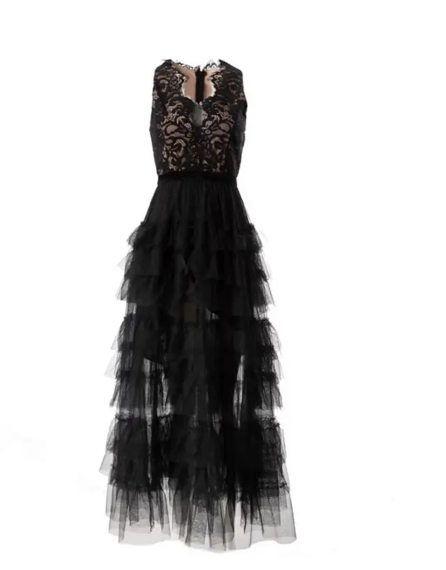 Ball Gown Dress New 2023 Spring Summer Party Evening Ladies Lace Cascading Ruffle Mesh Patchwork Sleeveless Sexy Long Dresses