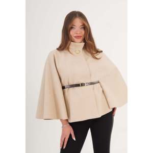 Wholesale <b>for</b> Cream <b>Poncho</b> <b>for</b> <b>Women</b> Belt Detail Single Button Coat - Product Image 3