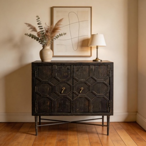 Buffet en bois vintage noir à 2 portes pour salon - Product Image 4