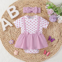 Ensemble 2 pièces barboteuse bébé à manches courtes en coton à motif floral avec bretelles et bandeau pour fille – Tenue d'été