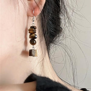 سلسلة أقراط حجر عين النمر الطبيعي من الراتنج المكتنز بإبرة فضّية عالية الجودة من Maillard عتيقة رائعة - Product Image 4