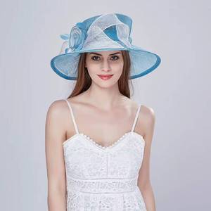 MS New Update Custom Party Carnival <b>Wedding</b> Sinamay <b>Lady</b> Women's Blue Flower Wide Brim <b>Hat</b> Female Elegant Church <b>Hats</b> - Product Image 2