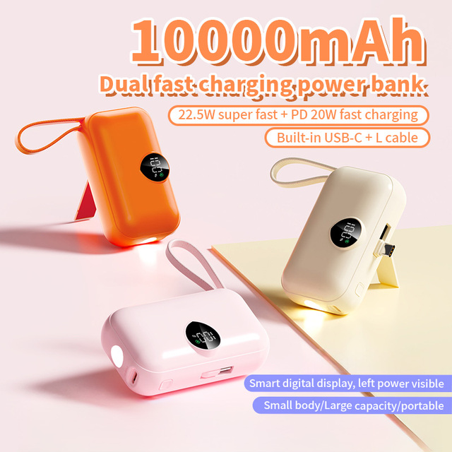 10000mAh PD 22.5W USB-C Tail Plug Power Bank Built in Cable Mobile Holder Flashlight Power Bank with Digital Display