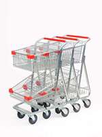 Chariot de courses à double étage en acier avec structure en maille pour supermarché intérieur