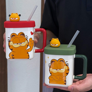 Taza de cerámica Garfield con tapa y pajita, diseño de dibujos animados, para hombres y mujeres, taza de regalo de cumpleaños - Product Image 2