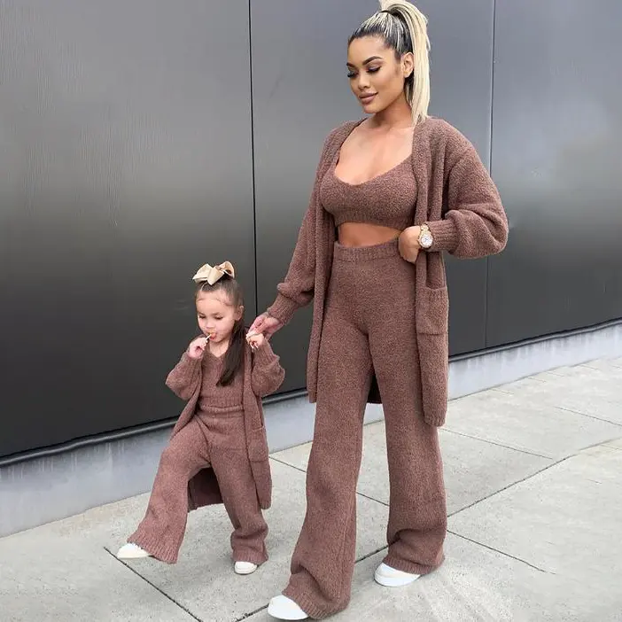 Mama und ich Lounge wear Kinder Langarm Top 3 Stück Set Strickwaren Set Frauen Mutter und Tochter Set Kinder Trainings anzüge