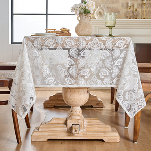 White Rectangle Tablecloth with Floral Embroidered Lace Overlay Vintage Banquet Printed Striped <strong>Paper</strong> <strong>Table</strong> <strong>Cover</strong> - Product Image 1