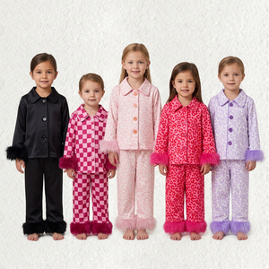 High Quality Children Faux Fur Cuff Sleepwear Set Kids Collared Button Front Top And Long Pants Pajamas - Product Image 1