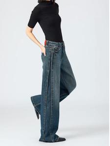 OEM loed High Rise <span class=keywords><strong>larghi</strong></span> <span class=keywords><strong>Jeans</strong></span> <span class=keywords><strong>larghi</strong></span> da mamma da donna blu scuro con bottone con rivetto ricamato lungo drappeggio Casual in vita da lavare con scimmia - Product Image 4